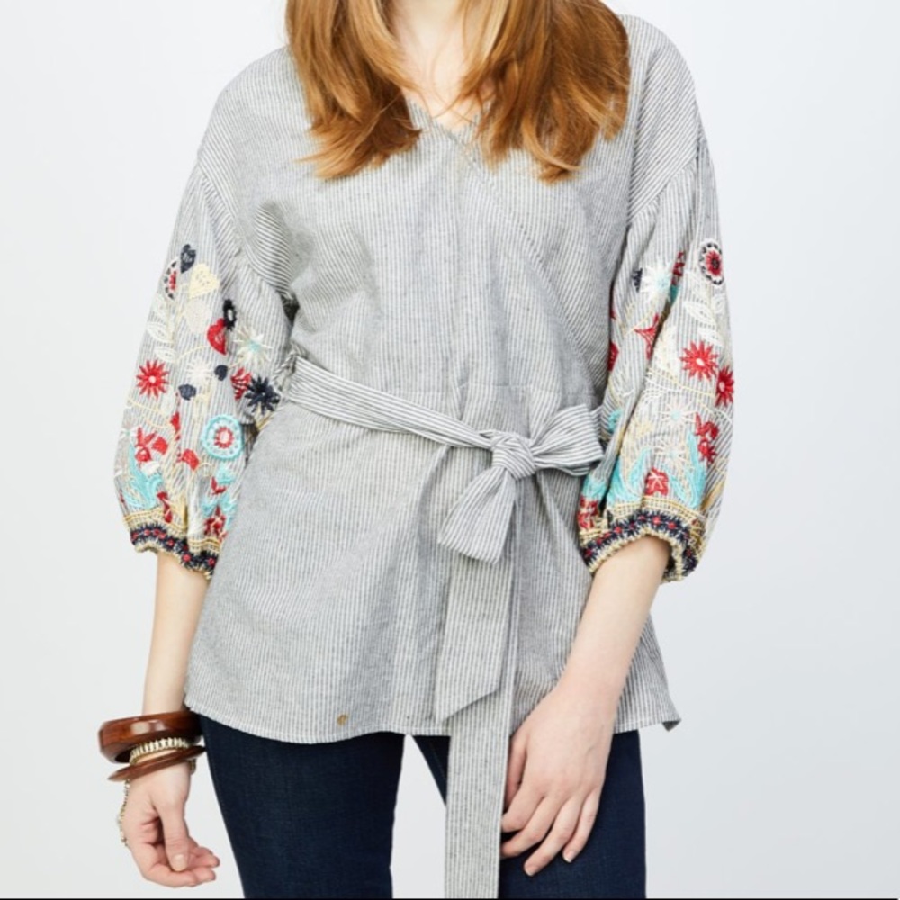 Flower Embroidered Sleeve Wrap Top. Medium